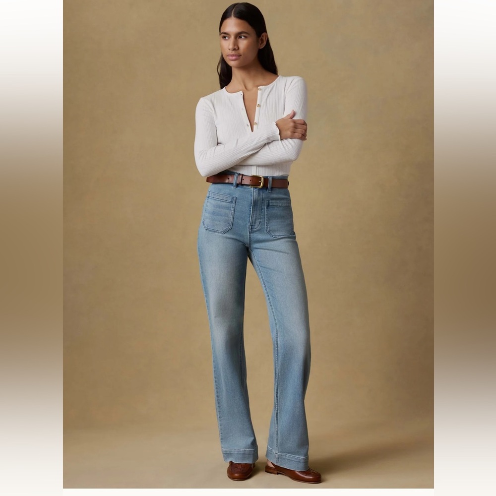 Faherty stretch terry patch pocket blue flare jeans retro hipster festival 26